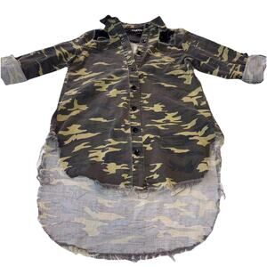 Trill Jeans Women's Small Distressed Camo Denim Shirt Jacket Mesh Army Green